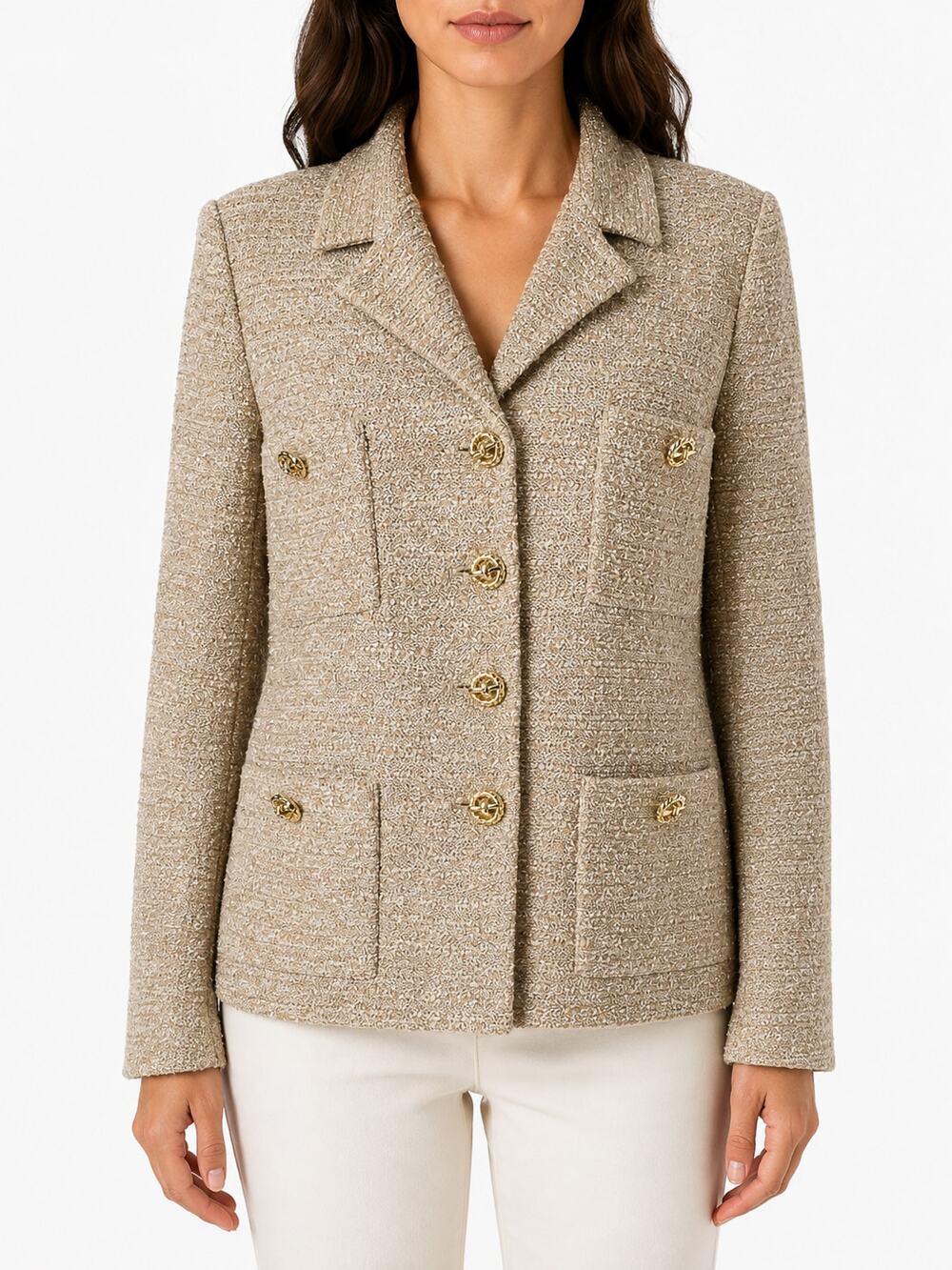 St John Collection Blazer Jacket Beige Gold Metallic Boucle Knit Size 10